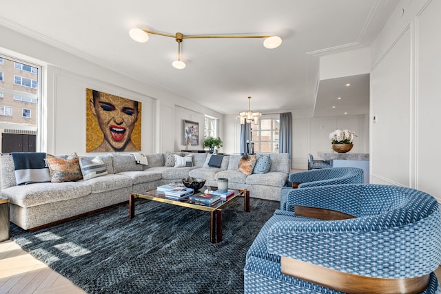 living room featuring a chandelier