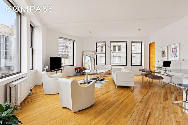 living area featuring radiator heating unit, light wood-style flooring, and healthy amount of natural light