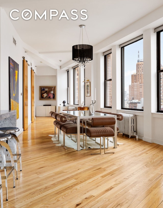 dining area featuring radiator heating unit, plenty of natural light, and light wood finished floors