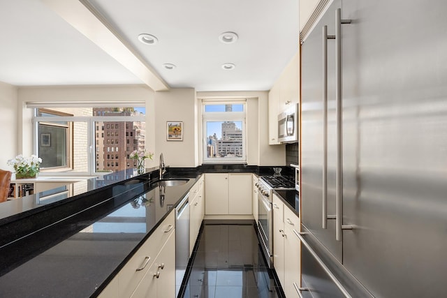 875 5th Ave Unit 12Ef, New York City, NY 10065 - kitchen with high end appliances, a sink, recessed lighting, white cabinets, and dark stone counters