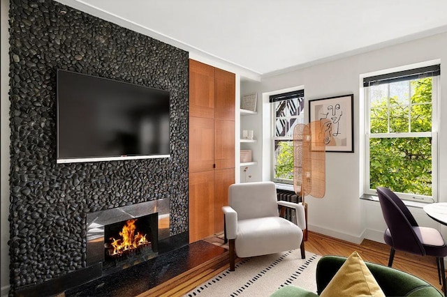 sitting room featuring wood finished floors, baseboards, and a high end fireplace