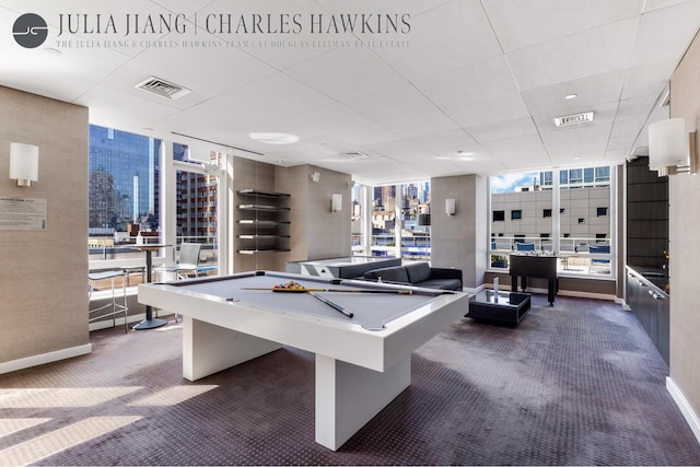 recreation room with visible vents, baseboards, carpet flooring, and pool table
