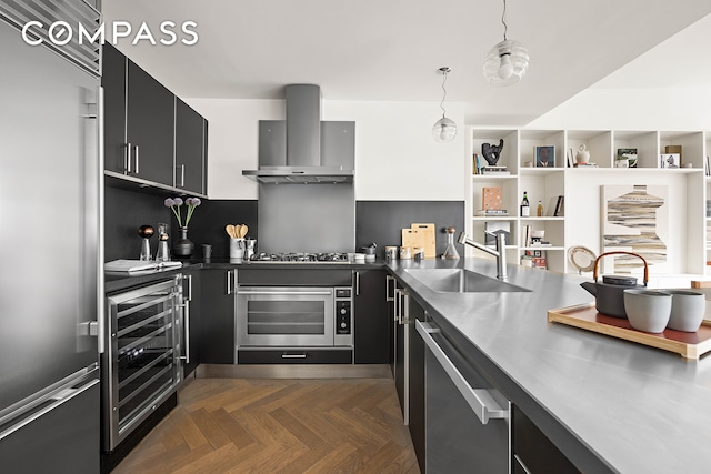 330 Spring St Unit 7D, New York City, NY 10013 - kitchen with stainless steel appliances, stainless steel counters, a sink, beverage cooler, and wall chimney range hood