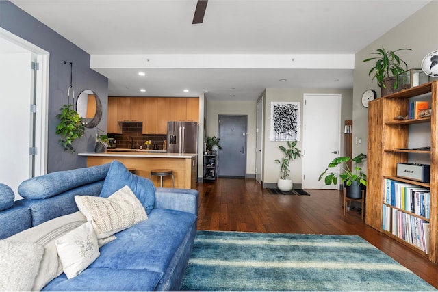 42-60 Crescent St Unit 7D, New York City, NY 11101 - living room with recessed lighting, baseboards, ceiling fan, and dark wood-style flooring