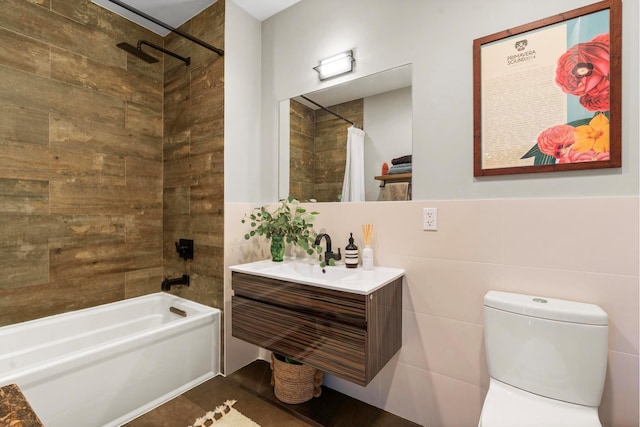 42-60 Crescent St Unit 7D, New York City, NY 11101 - full bathroom with shower / bath combo with shower curtain, vanity, toilet, and tile walls