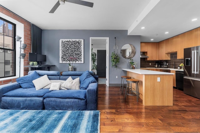 42-60 Crescent St Unit 7D, New York City, NY 11101 - living room featuring baseboards, a ceiling fan, recessed lighting, and dark wood-type flooring