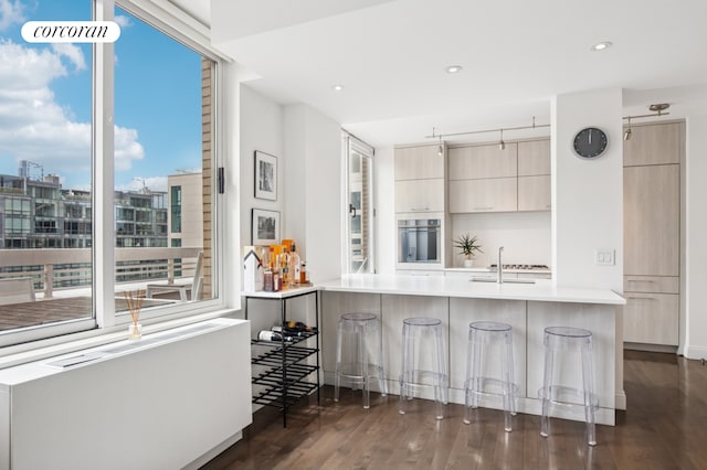 kitchen featuring oven, a sink, modern cabinets, dark wood finished floors, and recessed lighting