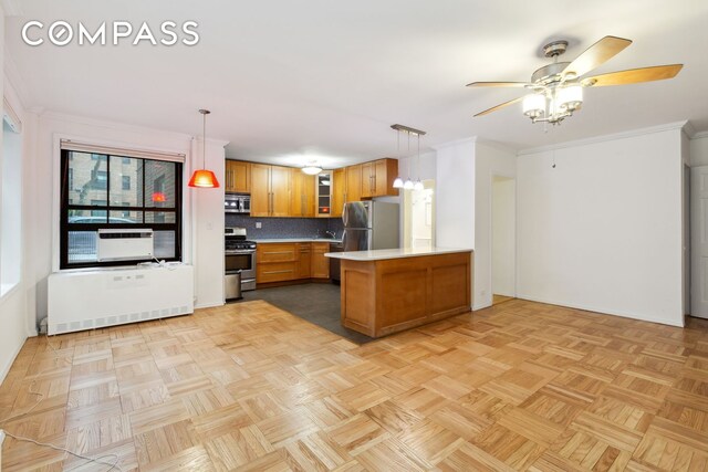 355 Clinton Ave Unit 1F, New York City, NY 11238 - kitchen with stainless steel appliances, a peninsula, ceiling fan, glass insert cabinets, and light countertops
