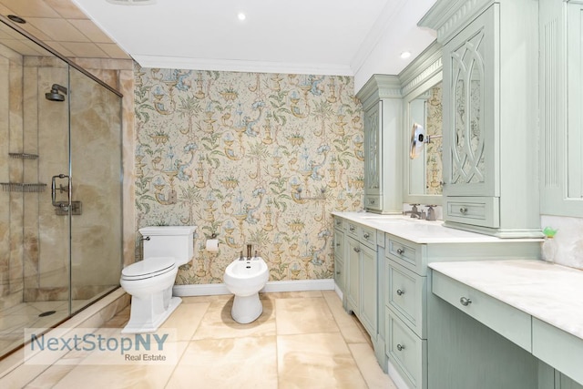bathroom featuring ornamental molding, toilet, vanity, wallpapered walls, and a stall shower