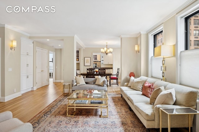 514 W End Ave Unit 8/9A, New York City, NY 10024 - living area featuring a chandelier, light wood-style floors, ornamental molding, and baseboards