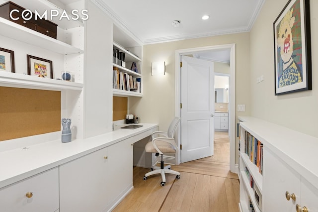 514 W End Ave Unit 8/9A, New York City, NY 10024 - office area with built in desk, light wood-type flooring, crown molding, and recessed lighting