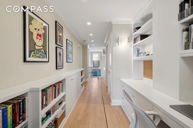 514 W End Ave Unit 8/9A, New York City, NY 10024 - hallway featuring crown molding, light wood finished floors, recessed lighting, and baseboards