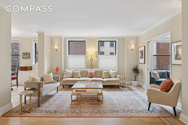 514 W End Ave Unit 8/9A, New York City, NY 10024 - living area with ornamental molding, wood finished floors, and baseboards