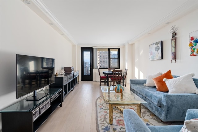 living area featuring ornamental molding and light wood-style flooring