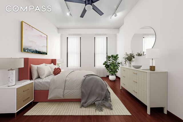 517 E 87th St Unit 1, New York City, NY 10128 - bedroom featuring track lighting, dark wood-style floors, and ceiling fan
