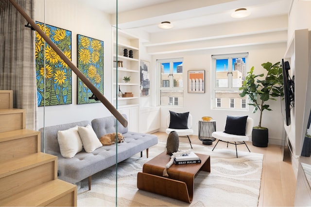 living area with stairs