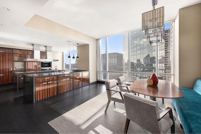 dining area with dark wood-style flooring, a city view, and expansive windows