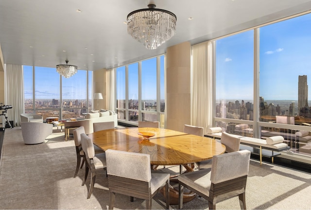 dining space with a city view, floor to ceiling windows, and a chandelier