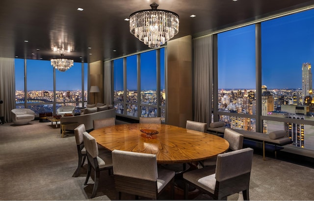 dining space with a dry bar, expansive windows, a view of city, a notable chandelier, and carpet flooring