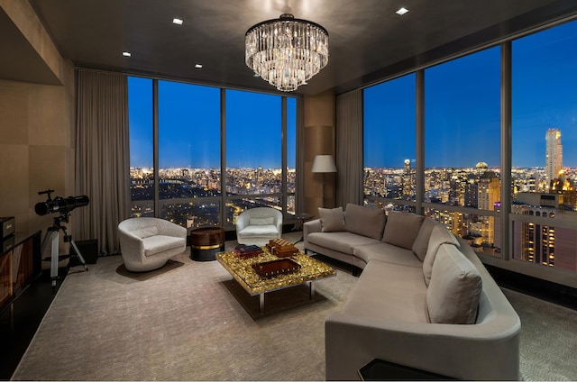 carpeted living room featuring an inviting chandelier, a view of city, floor to ceiling windows, and a bar