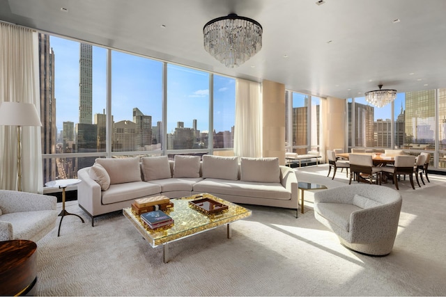 carpeted living area featuring an inviting chandelier, a wall of windows, and a city view