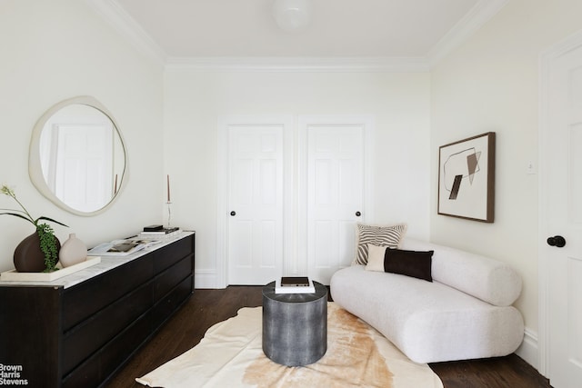 302 Weirfield St, New York City, NY 11237 - living area featuring ornamental molding, dark wood finished floors, and baseboards