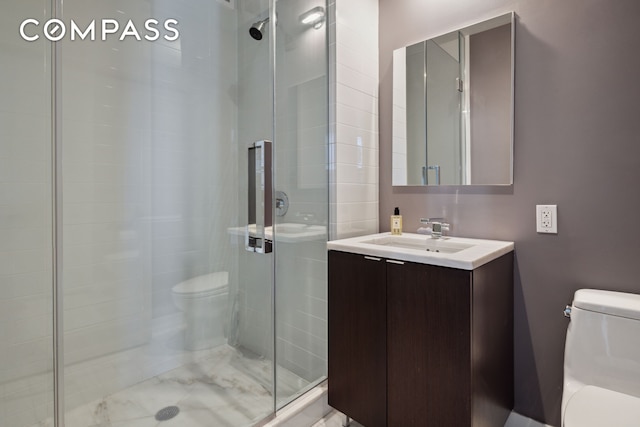 bathroom with toilet, a shower stall, and vanity