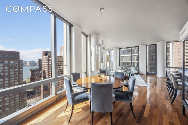 dining space featuring expansive windows, wood finished floors, and a city view