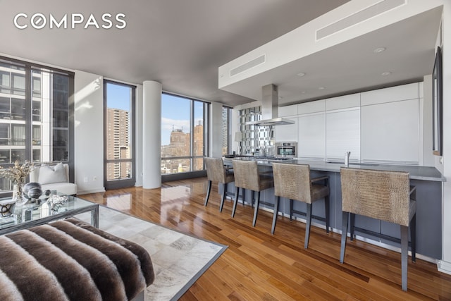 living room with light wood-style floors, a wall of windows, and a city view
