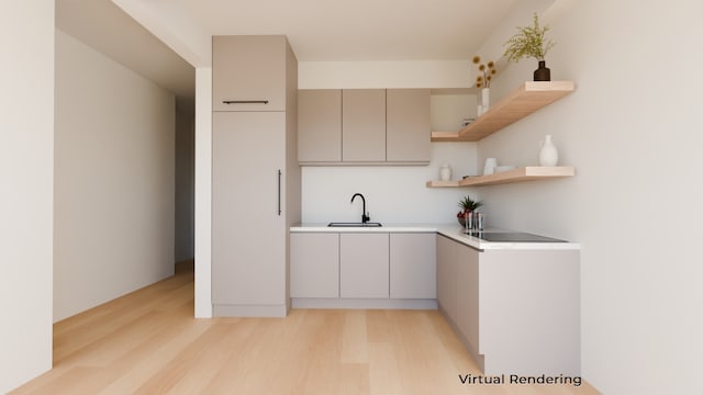 179 Jackson St Unit 5A, New York City, NY 11211 - kitchen featuring light wood-style floors, a sink, light countertops, open shelves, and modern cabinets