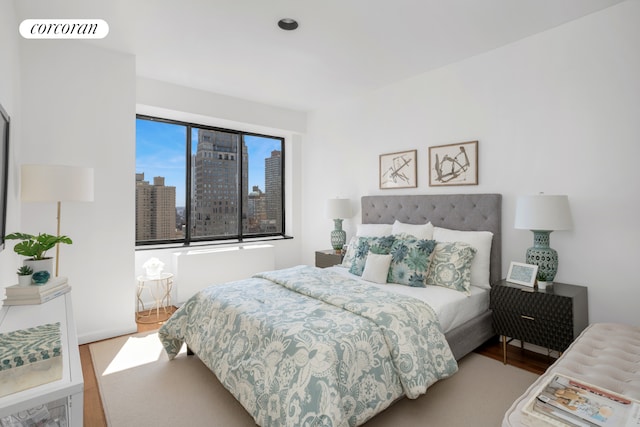 bedroom featuring wood finished floors and a skyline view