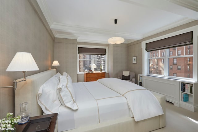 bedroom with carpet flooring and crown molding