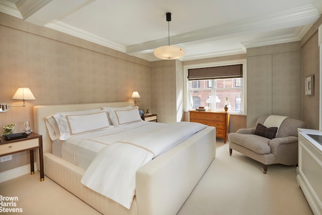 bedroom featuring wallpapered walls, carpet floors, beam ceiling, and crown molding