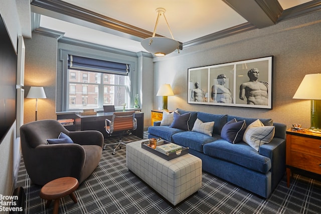 living area with ornamental molding and dark colored carpet