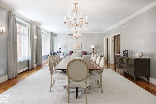 535 W End Ave Unit 8B, New York City, NY 10024 - dining space featuring a chandelier, crown molding, and baseboards