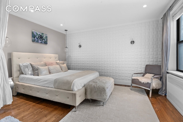 61 Oliver St Unit 4P, New York City, NY 11209 - bedroom featuring wood finished floors, recessed lighting, ornamental molding, and brick wall