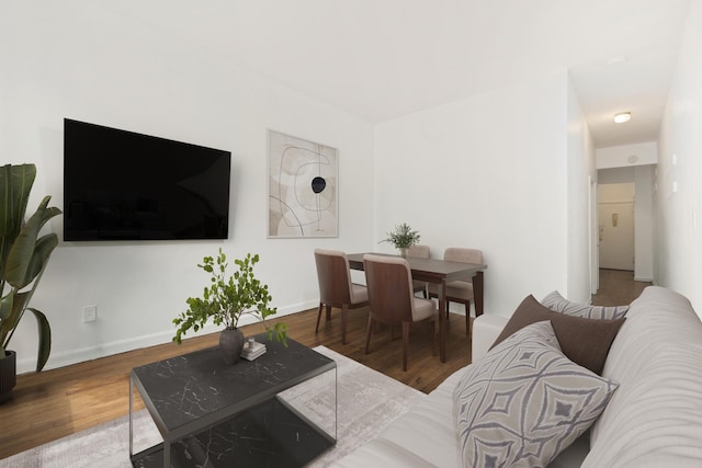 living area featuring wood finished floors and baseboards
