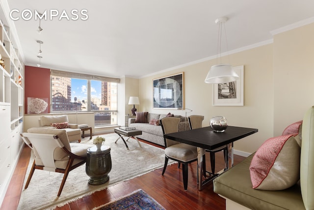 1965 Broadway Unit 14C, New York City, NY 10023 - living area featuring crown molding and dark wood-style flooring