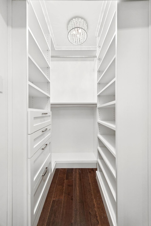 211 Thompson St Unit Lb, New York City, NY 10012 - walk in closet featuring a notable chandelier and dark wood-style floors