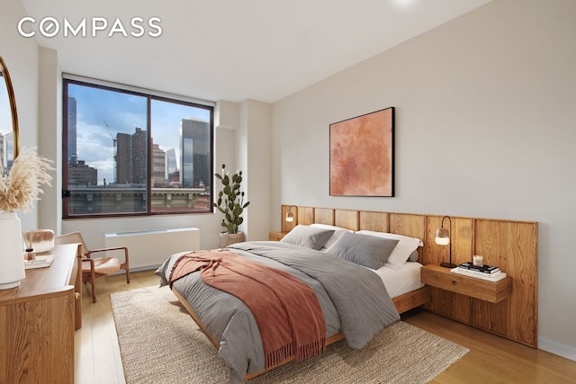 393 W 49th St Unit 6G, New York City, NY 10019 - bedroom with radiator, light wood-style flooring, and a skyline view