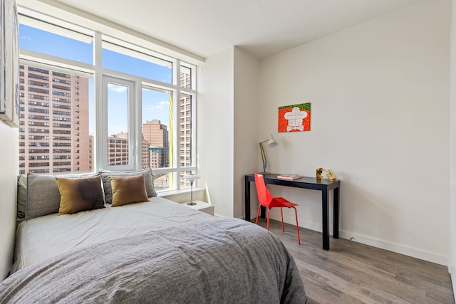 bedroom featuring a city view, wood finished floors, multiple windows, and baseboards