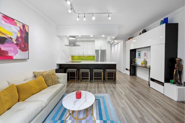 living room featuring light wood-style floors and ornamental molding