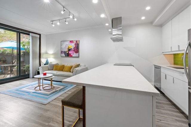 kitchen with appliances with stainless steel finishes, modern cabinets, white cabinets, light wood finished floors, and recessed lighting