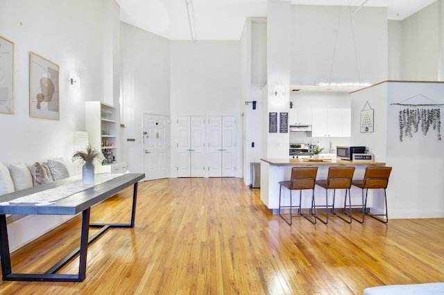 259 21st St Unit 1-C, New York City, NY 11215 - kitchen with a high ceiling, stainless steel appliances, white cabinetry, light wood-type flooring, and a kitchen breakfast bar