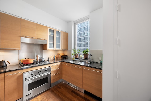 kitchen featuring stainless steel appliances, dark wood-style flooring, a sink, and dark countertops