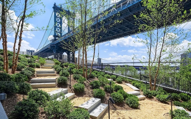 view of property's community with stairs and fence