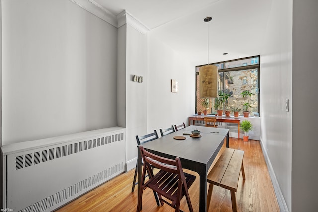 489 W End Ave, New York City, NY 10024 - dining room with light wood-type flooring, baseboards, ornamental molding, and radiator