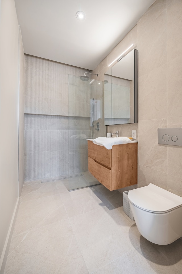 bathroom featuring tile walls, walk in shower, vanity, toilet, and recessed lighting