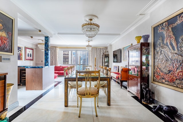 58 W 58th St Unit 30-E, New York City, NY 10019 - dining room featuring ornamental molding, beverage cooler, and a chandelier