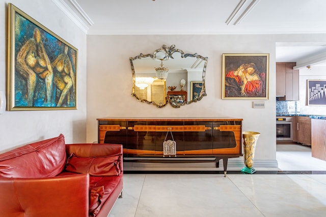 58 W 58th St Unit 30-E, New York City, NY 10019 - living area with crown molding and a chandelier